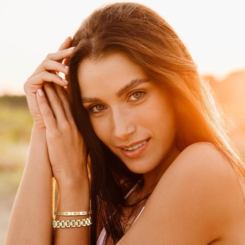 MPRAINBOW 2pcs 18K Gold Plated Chain Link Bracelet, Stainless Steel Crystal Friendship Bracelets Bangle,Watch Band Chains Wristband Jewelry with Adjust Tool - Image 3